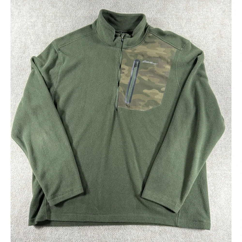 Eddie Bauer Men's XL Fleece Pullover Green Camo Quarter Zip Outdoor Warm Jacket‎